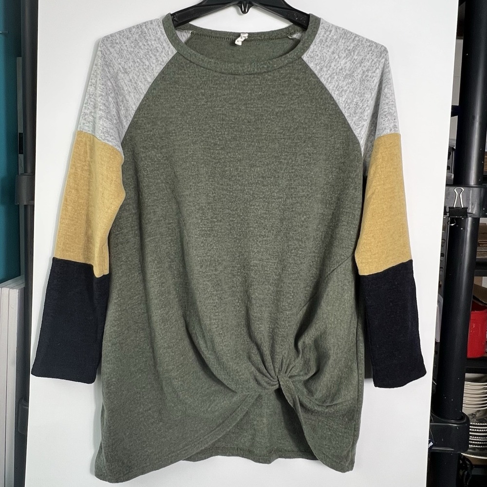 Beeson‎ River Womens Large Colorblock Raglan Knit Light Sweater Green Mustard